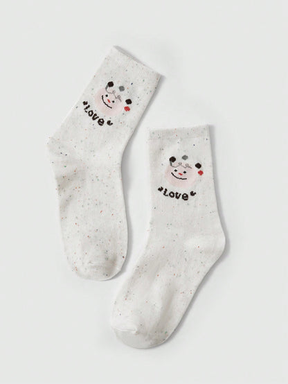 ROMWE Kawaii 5 pares de calcetines de moda con estampado de lunares y de dibujos animados de malla, de color beige, de uso versátil, para mujer
