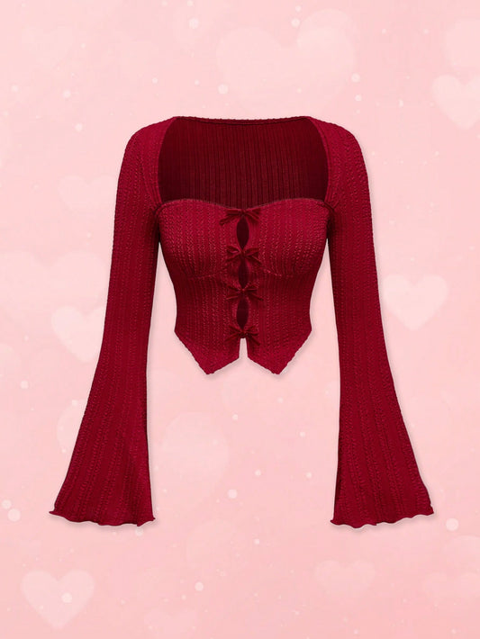ROMWE Kawaii Blusa de mujer con lazo decorativo de tela texturizada rojo vino y abertura frontal calada para el Día de San Valentín