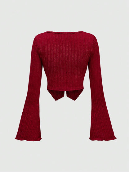 ROMWE Kawaii Blusa de mujer con lazo decorativo de tela texturizada rojo vino y abertura frontal calada para el Día de San Valentín