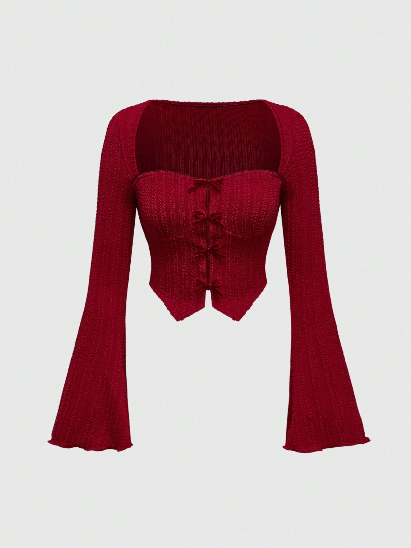 ROMWE Kawaii Blusa de mujer con lazo decorativo de tela texturizada rojo vino y abertura frontal calada para el Día de San Valentín