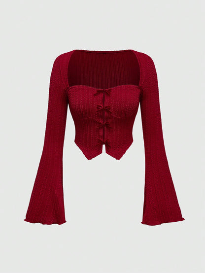 ROMWE Kawaii Blusa de mujer con lazo decorativo de tela texturizada rojo vino y abertura frontal calada para el Día de San Valentín