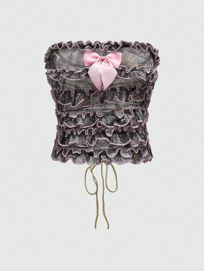 ROMWE Kawaii Blusa de tul con volantes y lazo rosa en estilo camuflaje Y2K para mujer