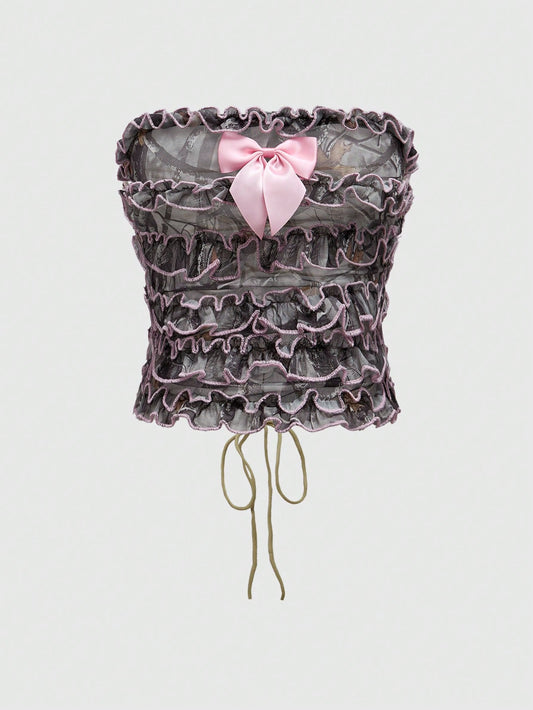 ROMWE Kawaii Blusa de tul con volantes y lazo rosa en estilo camuflaje Y2K para mujer