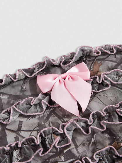 ROMWE Kawaii Blusa de tul con volantes y lazo rosa en estilo camuflaje Y2K para mujer