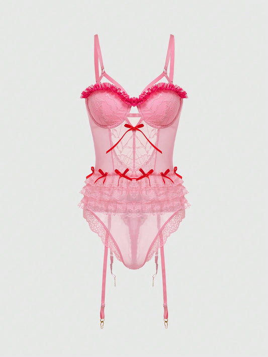 ROMWE Kawaii Body Sexy De Malla De Encaje Con Lazo Y Lazo, Capa De Pastel Con Aros Y Correa Elástica