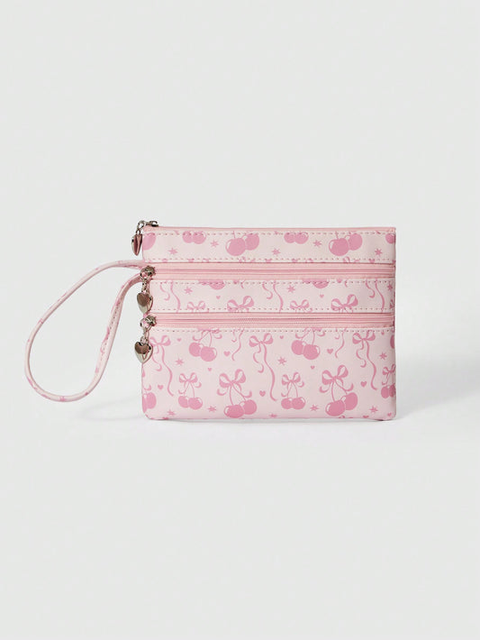 ROMWE Kawaii Bolsa con cremallera de gran capacidad con estampado de lazos de dibujos animados en toda la superficie