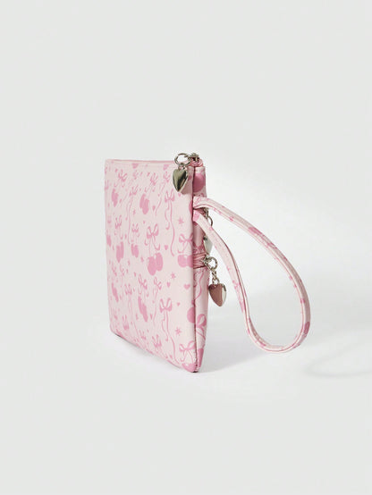 ROMWE Kawaii Bolsa con cremallera de gran capacidad con estampado de lazos de dibujos animados en toda la superficie