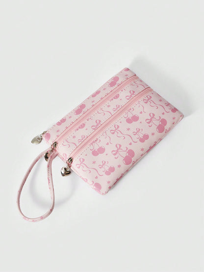 ROMWE Kawaii Bolsa con cremallera de gran capacidad con estampado de lazos de dibujos animados en toda la superficie
