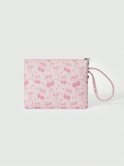ROMWE Kawaii Bolsa con cremallera de gran capacidad con estampado de lazos de dibujos animados en toda la superficie