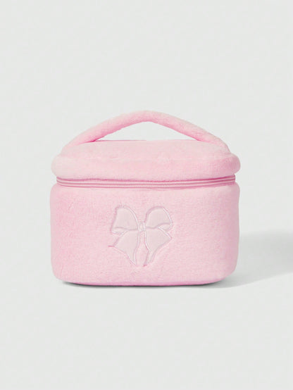 ROMWE Kawaii Bolsa cosmética de mano grande de peluche con estampado de lazos de dibujos animados 401422