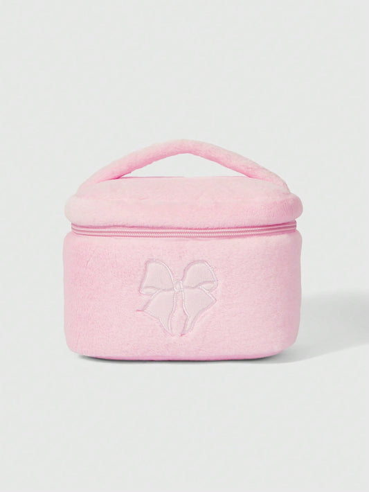 ROMWE Kawaii Bolsa cosmética de mano grande de peluche con estampado de lazos de dibujos animados 401422