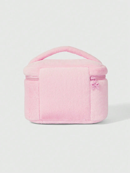 ROMWE Kawaii Bolsa cosmética de mano grande de peluche con estampado de lazos de dibujos animados 401422