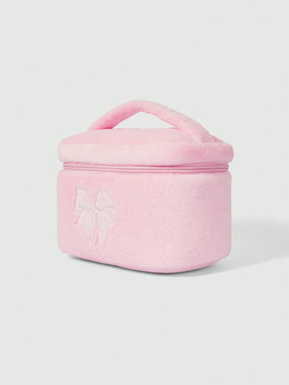 ROMWE Kawaii Bolsa cosmética de mano grande de peluche con estampado de lazos de dibujos animados 401422