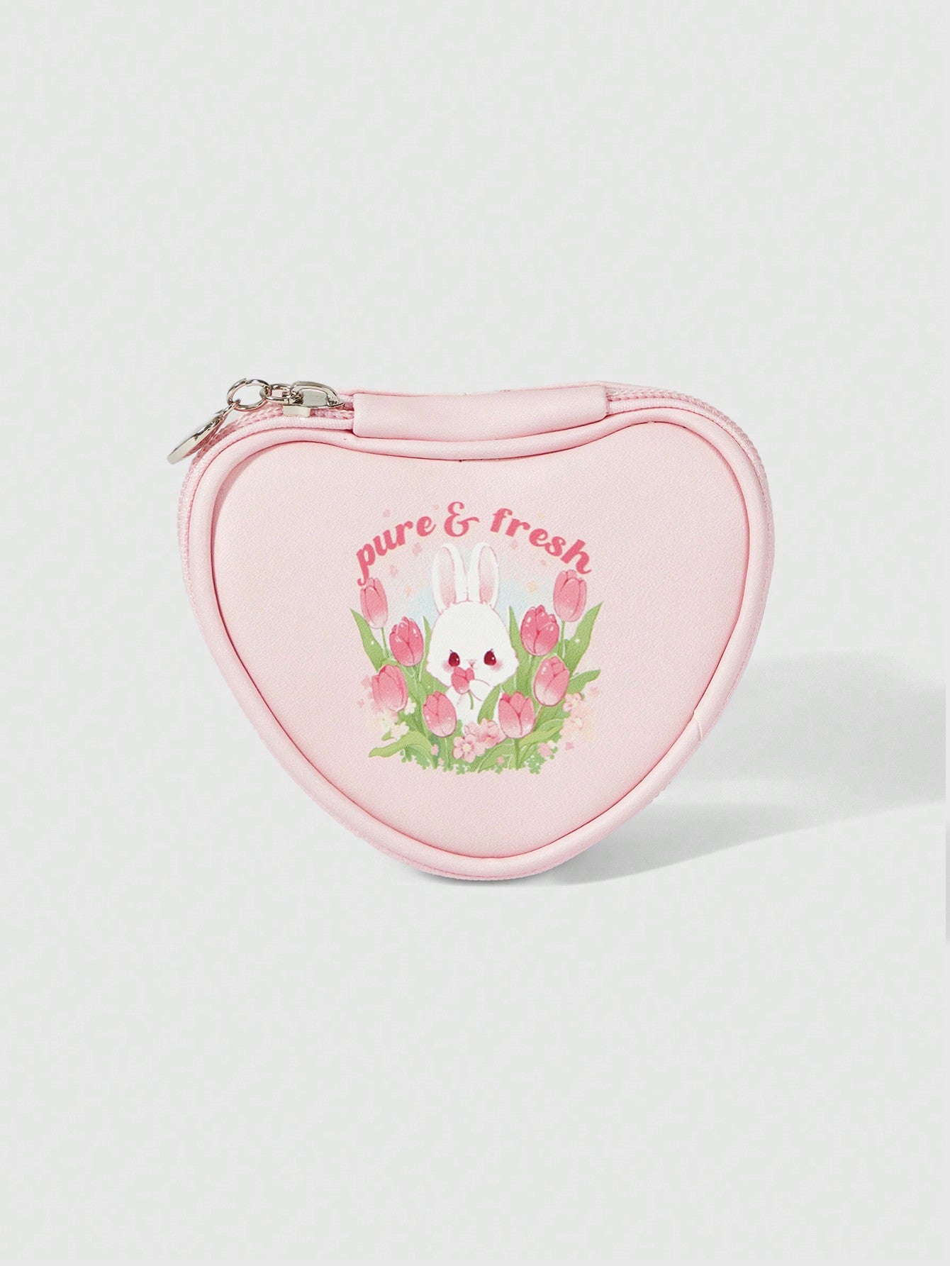 ROMWE Kawaii Bolsa de almacenamiento de monedas con forma de corazón rosa de conejo encantador de dibujos animados 308360