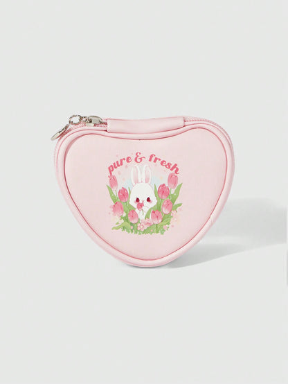 ROMWE Kawaii Bolsa de almacenamiento de monedas con forma de corazón rosa de conejo encantador de dibujos animados 308360