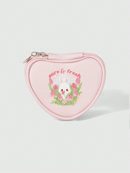 ROMWE Kawaii Bolsa de almacenamiento de monedas con forma de corazón rosa de conejo encantador de dibujos animados 308360