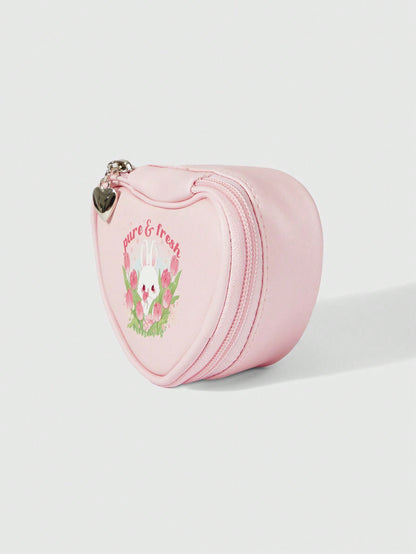 ROMWE Kawaii Bolsa de almacenamiento de monedas con forma de corazón rosa de conejo encantador de dibujos animados 308360