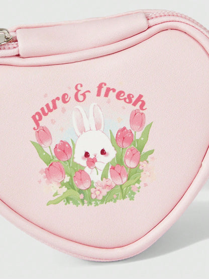 ROMWE Kawaii Bolsa de almacenamiento de monedas con forma de corazón rosa de conejo encantador de dibujos animados 308360