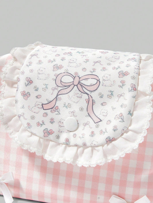 ROMWE Kawaii Bolsa de almacenamiento portátil de gran capacidad para maquillaje con patrón de lazos a cuadros rosa encantador