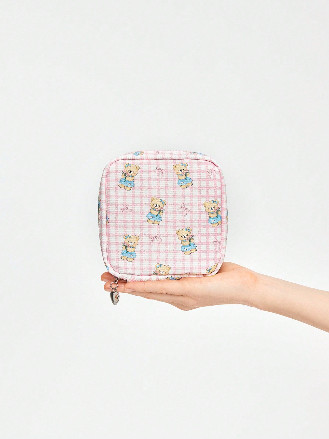 ROMWE Kawaii Bolsa de cosmética con diseño de oso de dibujos animados adorable, de gran capacidad y diseño portátil, forma cuadrada, estilo n.º 918877