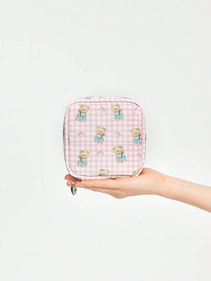 ROMWE Kawaii Bolsa de cosmética con diseño de oso de dibujos animados adorable, de gran capacidad y diseño portátil, forma cuadrada, estilo n.º 918877