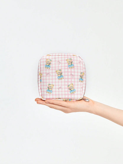 ROMWE Kawaii Bolsa de cosmética con diseño de oso de dibujos animados adorable, de gran capacidad y diseño portátil, forma cuadrada, estilo n.º 918877