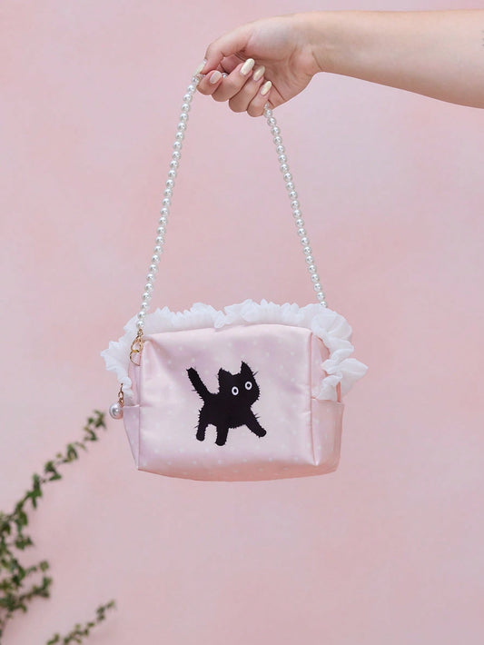 ROMWE Kawaii Bolsa de cosméticos con cierre de cremallera, diseño de gato negro con puntos, encaje blanco y cuentas, gran capacidad, organizador portátil de maquillaje, estilo lindo y femenino