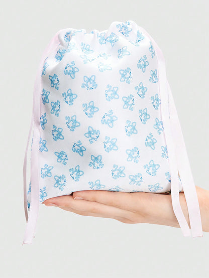 ROMWE Kawaii Bolsa de cosméticos portátil con cordón de lazo y estampado completo de moños, bolsa de almacenamiento