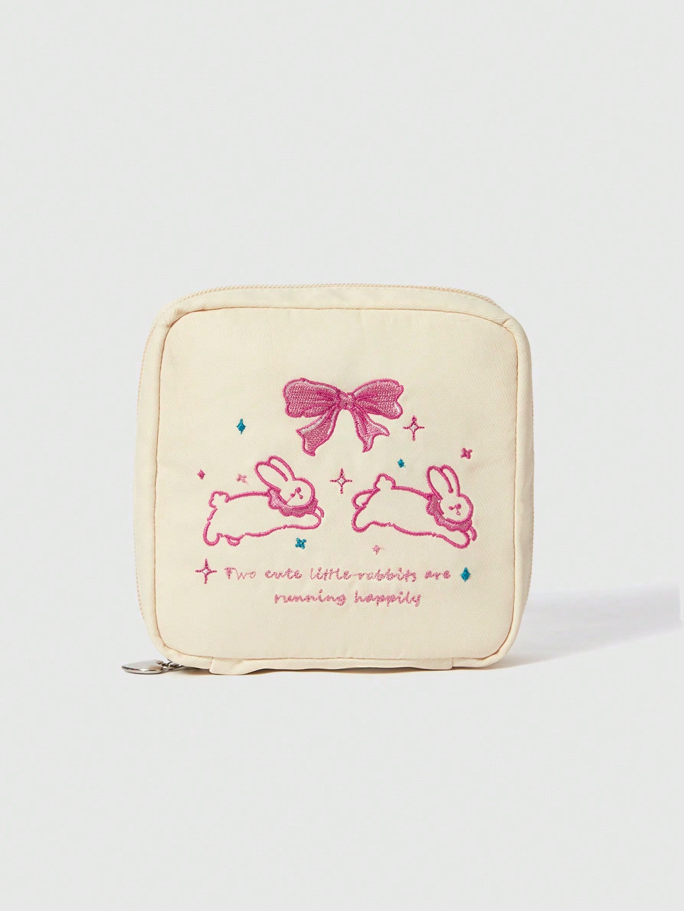 ROMWE Kawaii Bolsa de cosméticos portátil con gran capacidad, acolchada, con diseño bordado de conejo con lazo y patrón de dibujos animados elegante