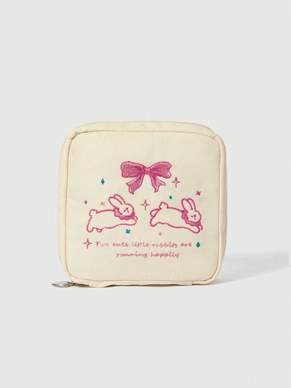 ROMWE Kawaii Bolsa de cosméticos portátil con gran capacidad, acolchada, con diseño bordado de conejo con lazo y patrón de dibujos animados elegante