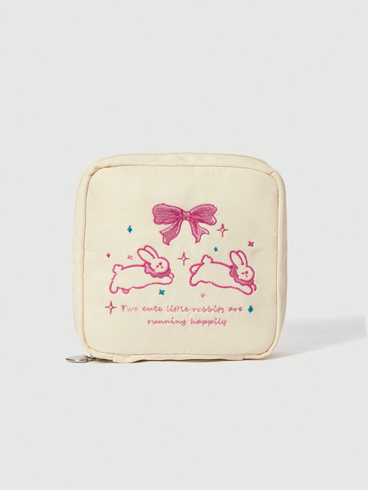 ROMWE Kawaii Bolsa de cosméticos portátil con gran capacidad, acolchada, con diseño bordado de conejo con lazo y patrón de dibujos animados elegante
