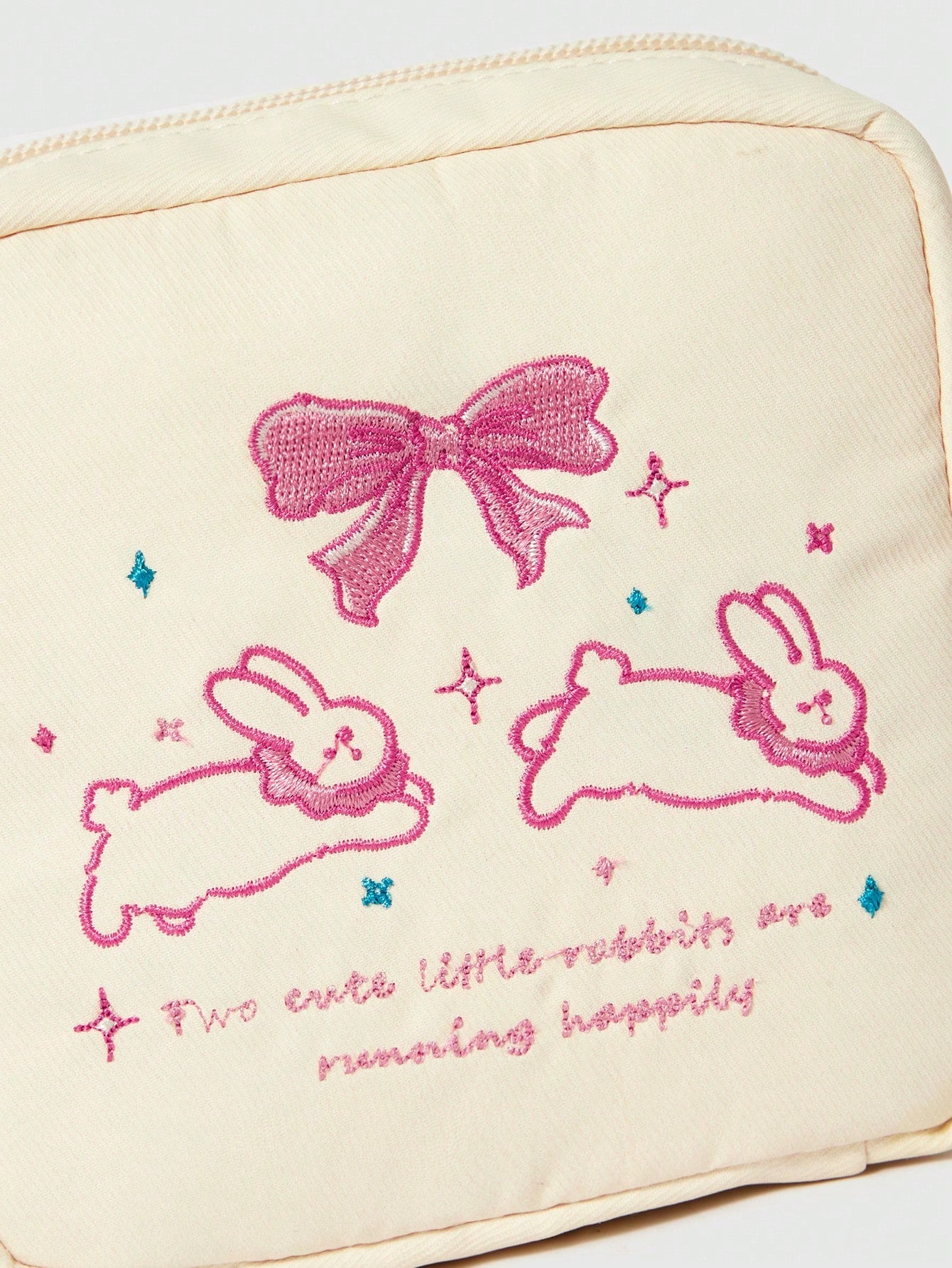ROMWE Kawaii Bolsa de cosméticos portátil con gran capacidad, acolchada, con diseño bordado de conejo con lazo y patrón de dibujos animados elegante