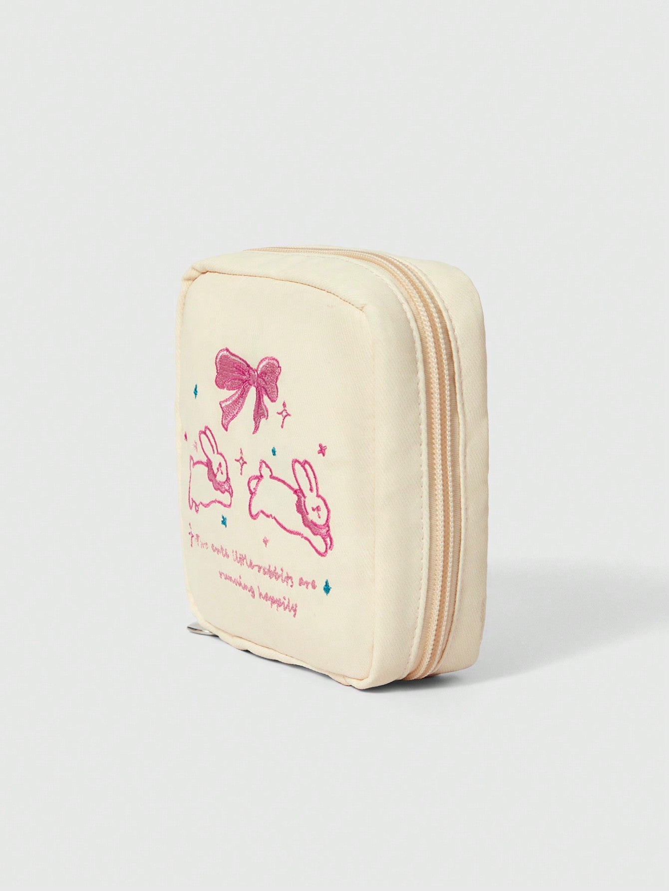 ROMWE Kawaii Bolsa de cosméticos portátil con gran capacidad, acolchada, con diseño bordado de conejo con lazo y patrón de dibujos animados elegante