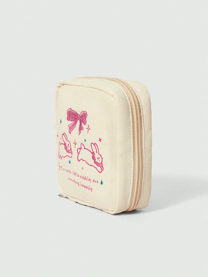 ROMWE Kawaii Bolsa de cosméticos portátil con gran capacidad, acolchada, con diseño bordado de conejo con lazo y patrón de dibujos animados elegante