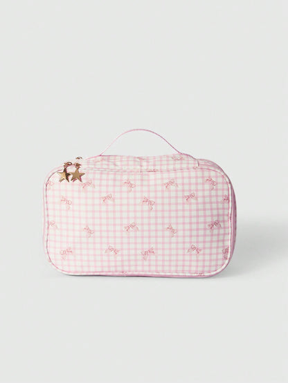 ROMWE Kawaii Bolsa de cosméticos portátil de gran capacidad con lazo rosa de dibujos animados 918877