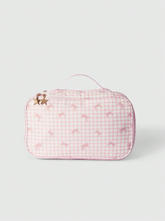 ROMWE Kawaii Bolsa de cosméticos portátil de gran capacidad con lazo rosa de dibujos animados 918877