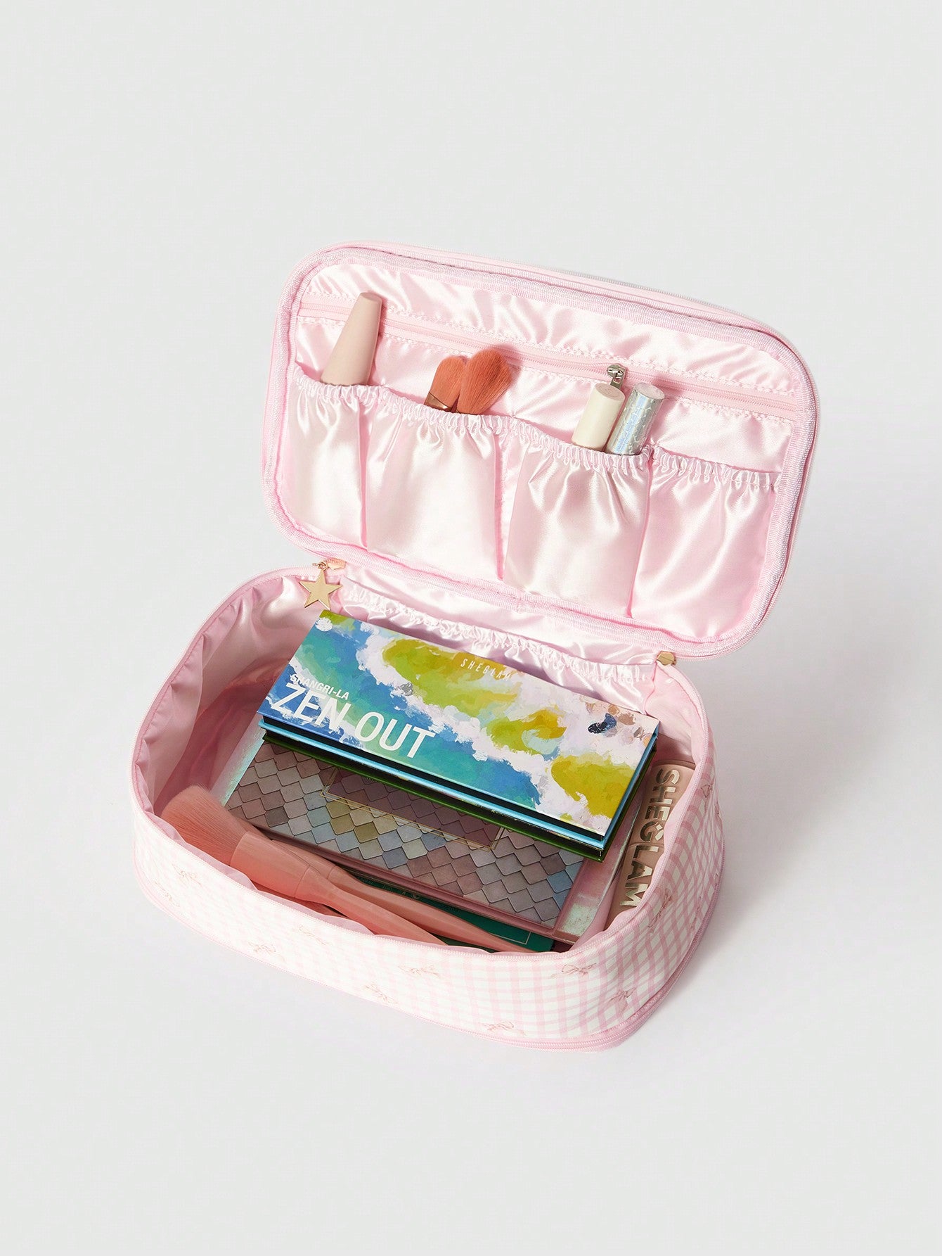 ROMWE Kawaii Bolsa de cosméticos portátil de gran capacidad con lazo rosa de dibujos animados 918877