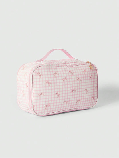 ROMWE Kawaii Bolsa de cosméticos portátil de gran capacidad con lazo rosa de dibujos animados 918877