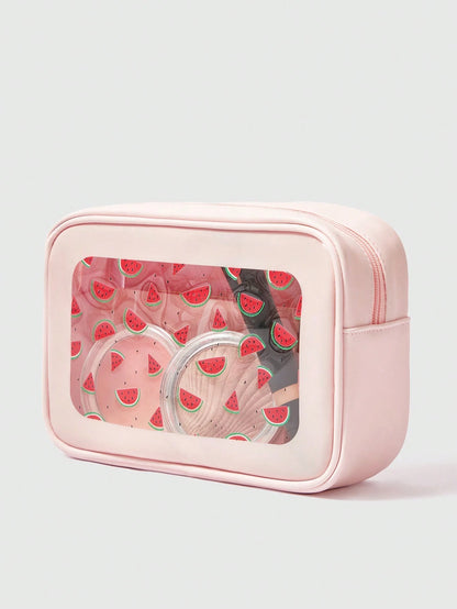 ROMWE Kawaii Bolsa de maquillaje transparente con ventana y estampado de sandía de dibujos animados, de gran capacidad, para mujeres 189764