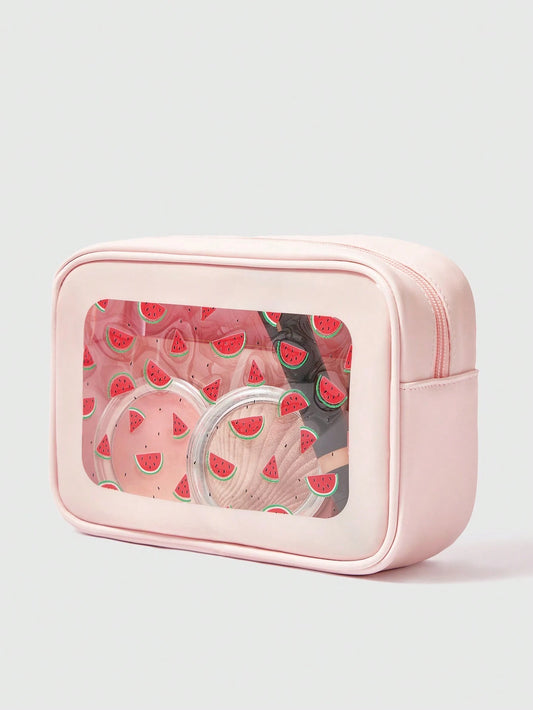 ROMWE Kawaii Bolsa de maquillaje transparente con ventana y estampado de sandía de dibujos animados, de gran capacidad, para mujeres 189764