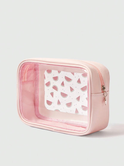ROMWE Kawaii Bolsa de maquillaje transparente con ventana y estampado de sandía de dibujos animados, de gran capacidad, para mujeres 189764
