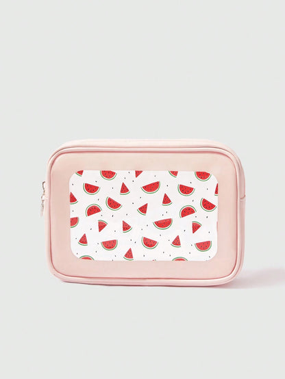 ROMWE Kawaii Bolsa de maquillaje transparente con ventana y estampado de sandía de dibujos animados, de gran capacidad, para mujeres 189764