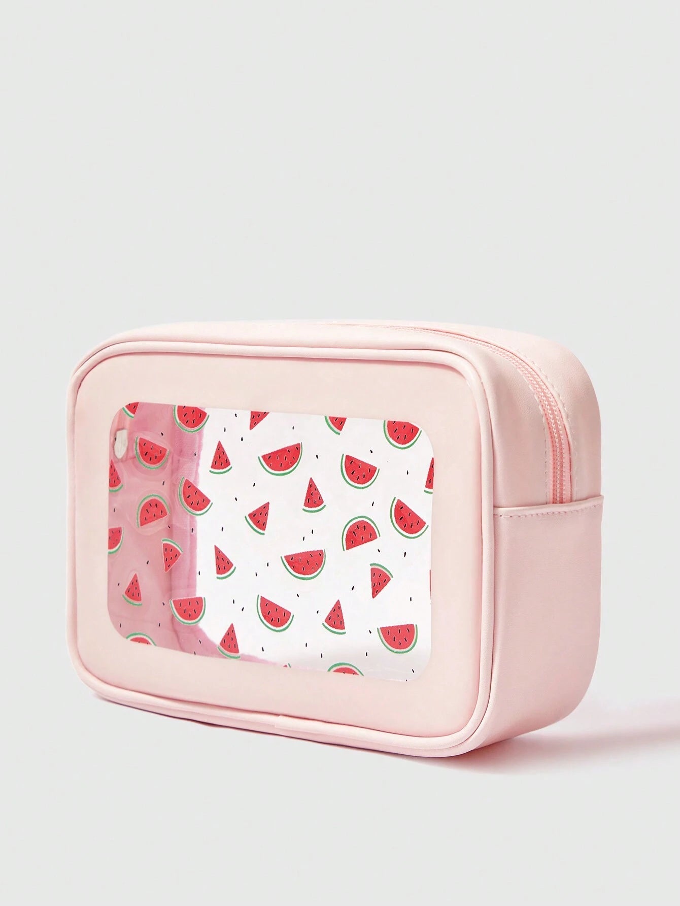 ROMWE Kawaii Bolsa de maquillaje transparente con ventana y estampado de sandía de dibujos animados, de gran capacidad, para mujeres 189764