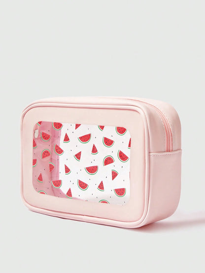 ROMWE Kawaii Bolsa de maquillaje transparente con ventana y estampado de sandía de dibujos animados, de gran capacidad, para mujeres 189764