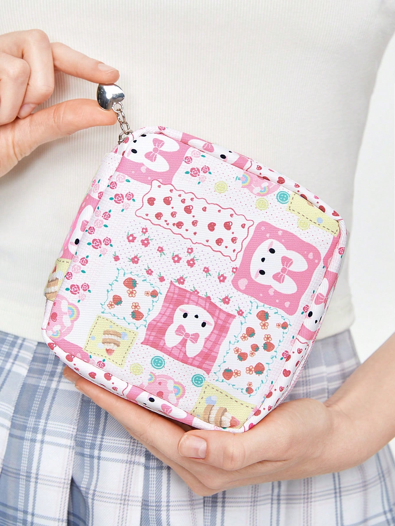 ROMWE Kawaii Bolsa portátil de maquillaje con temática de conejo animado, gran capacidad, estuche grueso, estilo 235851