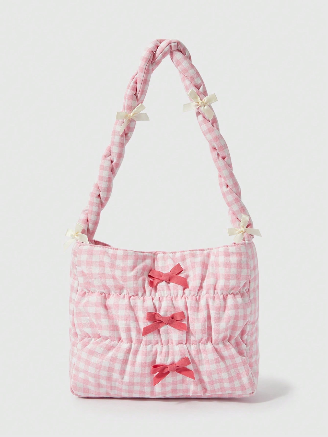 ROMWE Kawaii Bolso cruzado con cuerda de cordón y decoración de moño a cuadros lindo para mujeres