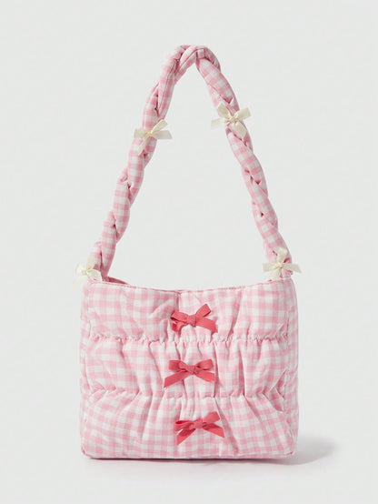 ROMWE Kawaii Bolso cruzado con cuerda de cordón y decoración de moño a cuadros lindo para mujeres