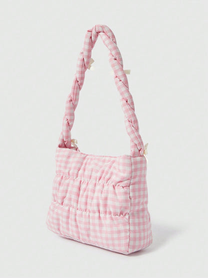 ROMWE Kawaii Bolso cruzado con cuerda de cordón y decoración de moño a cuadros lindo para mujeres
