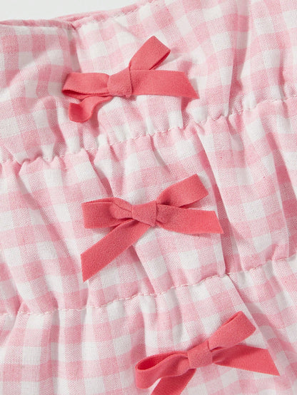 ROMWE Kawaii Bolso cruzado con cuerda de cordón y decoración de moño a cuadros lindo para mujeres