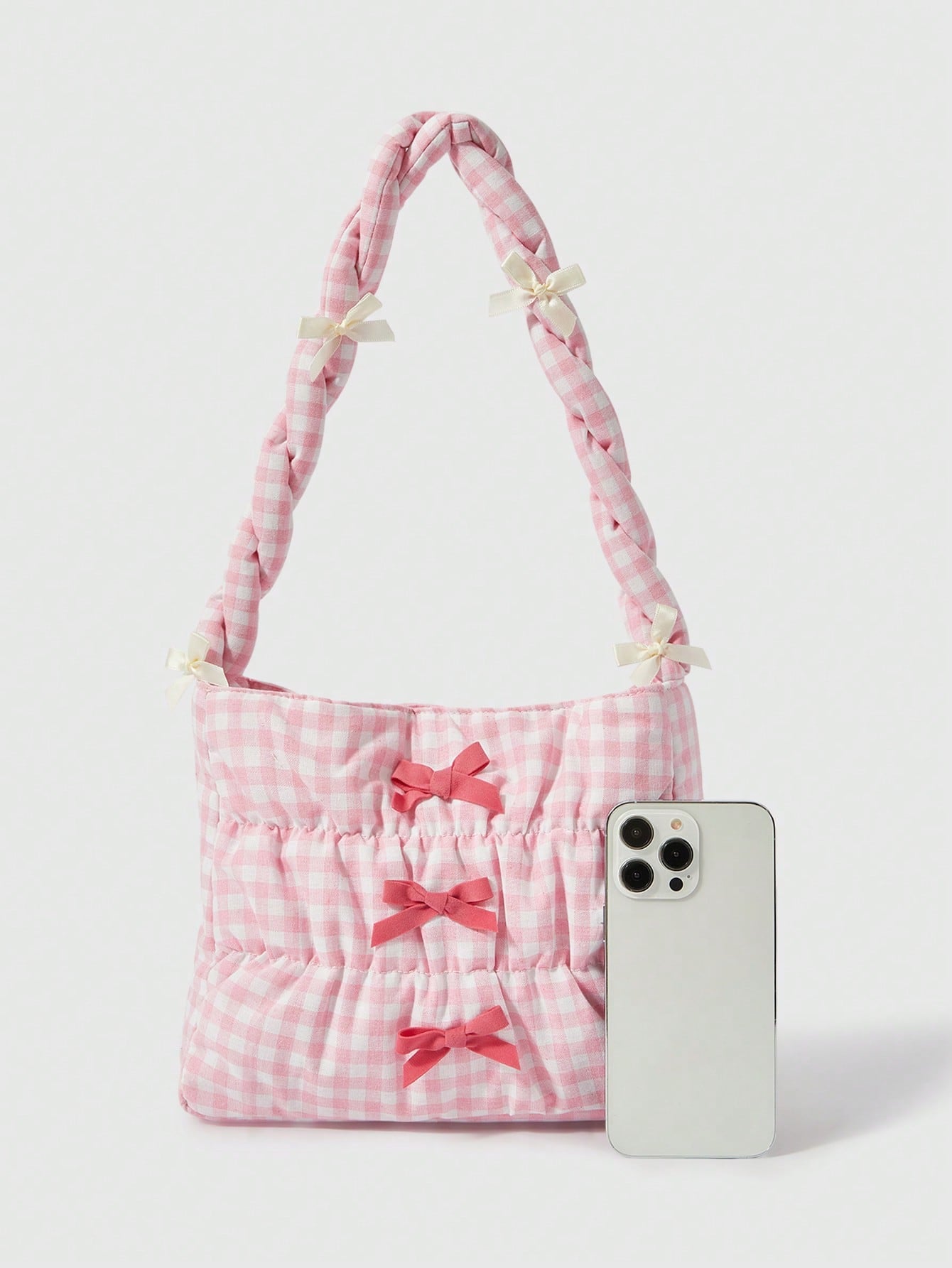 ROMWE Kawaii Bolso cruzado con cuerda de cordón y decoración de moño a cuadros lindo para mujeres